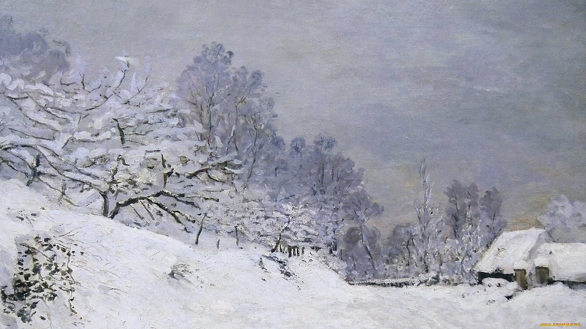 рисованное, живопись, клод, моне, снег, дорога, на, ферму, сен-симеон, зимой, пейзаж, картина