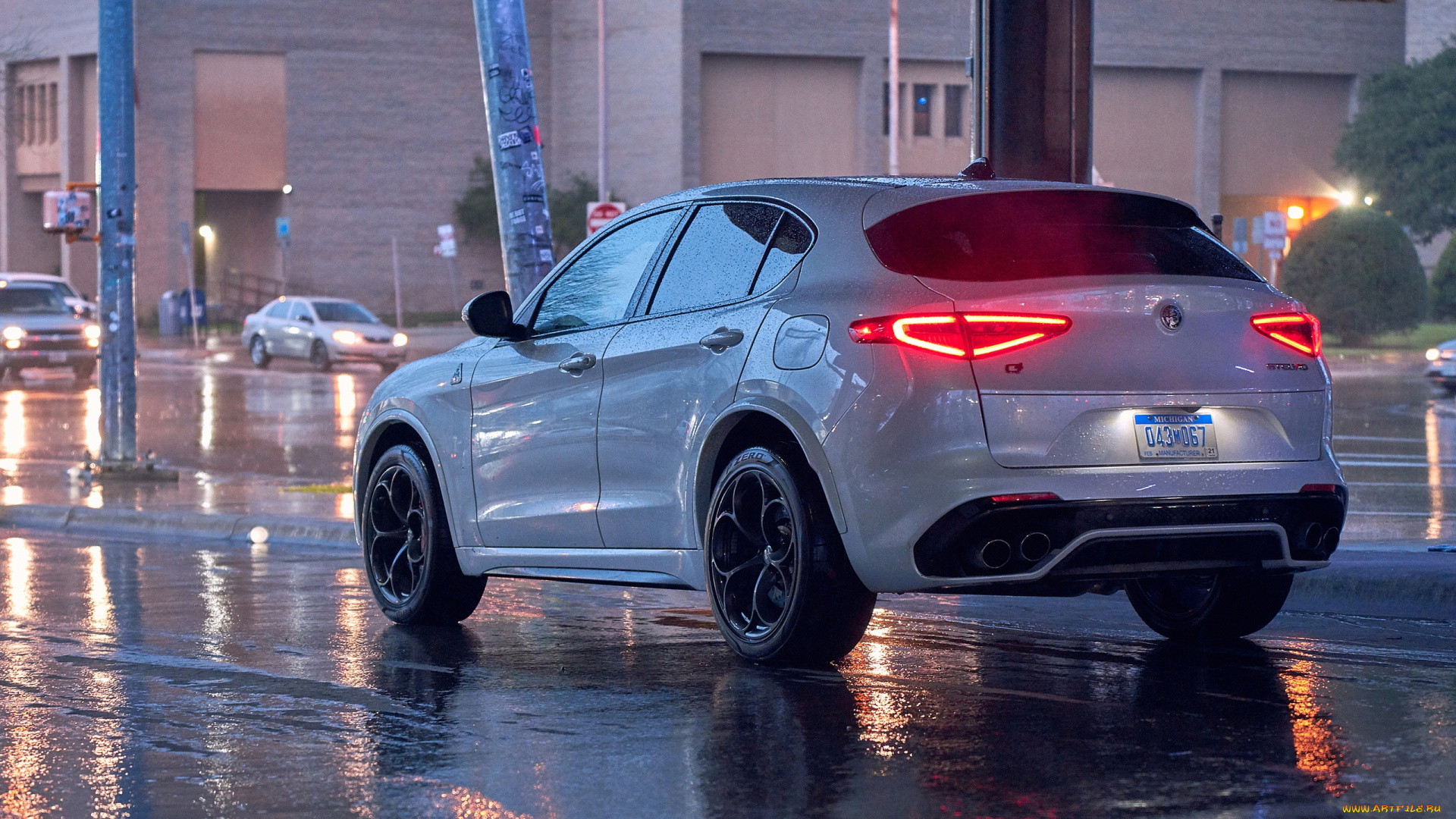 2018, alfa, romeo, stelvio, quadrifoglio, автомобили, alfa, romeo, quadrifoglio, кроссовер, вид, сзади, дождь, stelvio, город, alfa, romeo, 2018