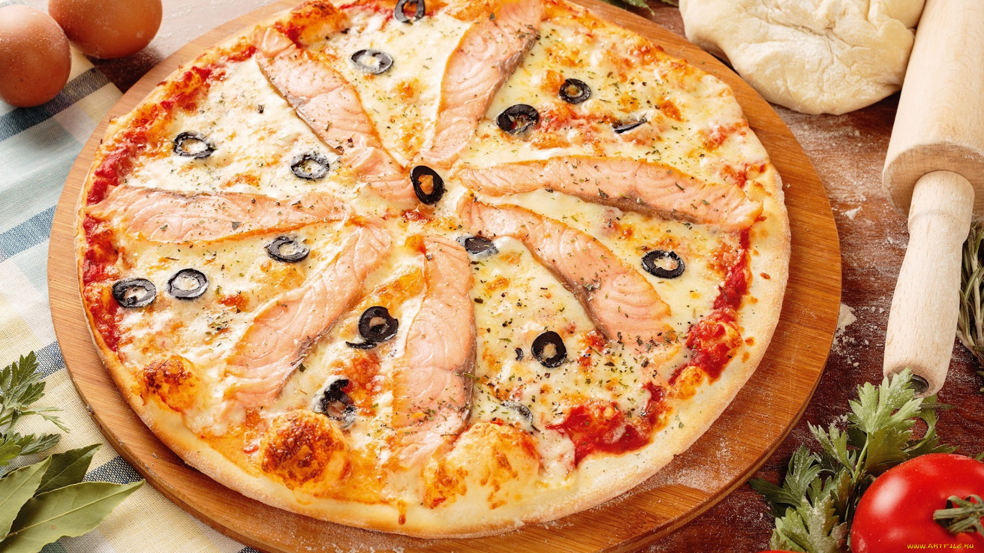 еда, пицца, помидоры, яйца, тесто