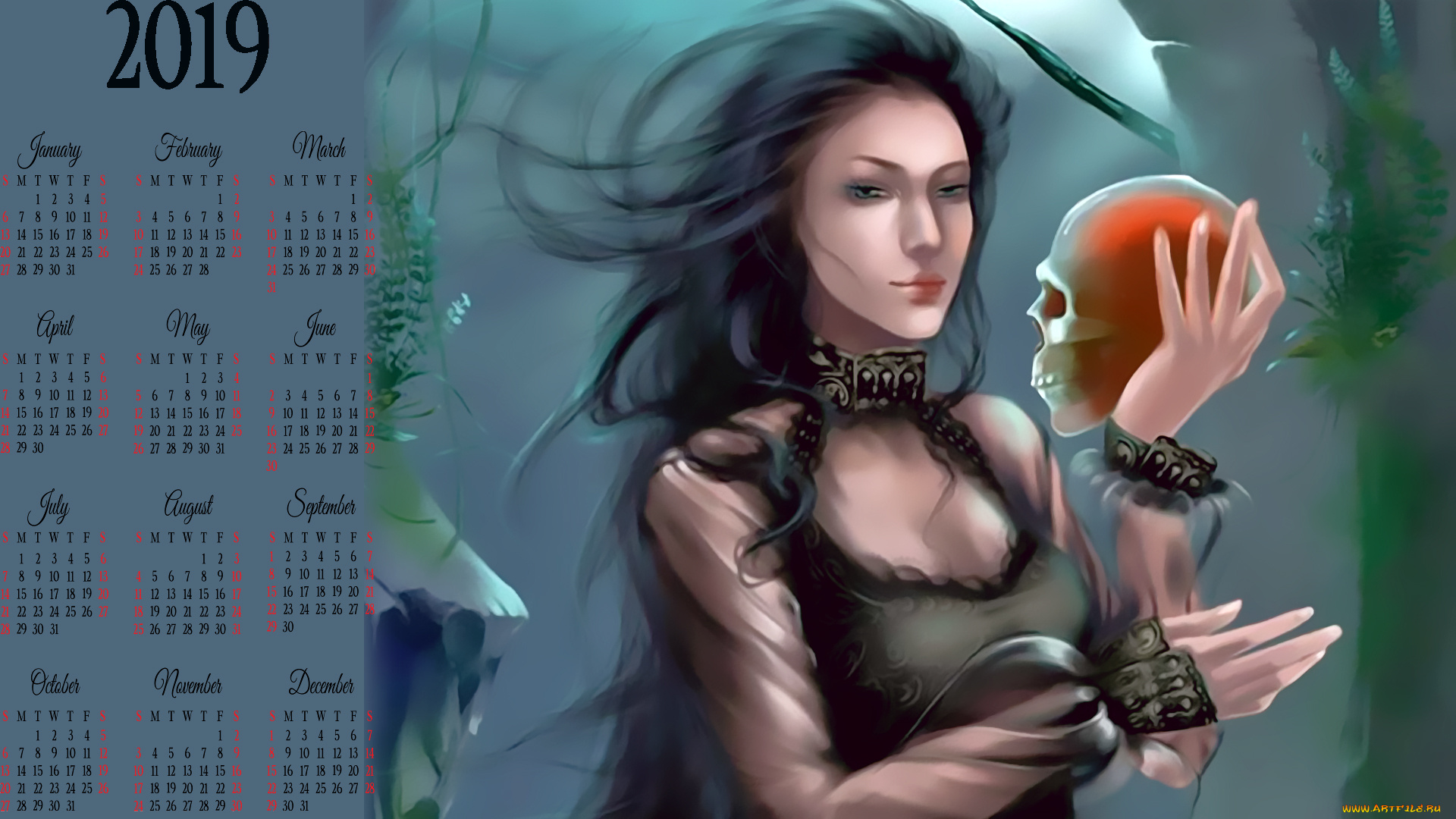 календари, фэнтези, череп, девушка