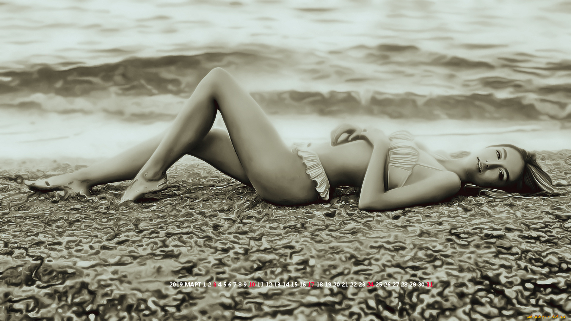 календари, компьютерный, дизайн, пляж, девушка, водоем
