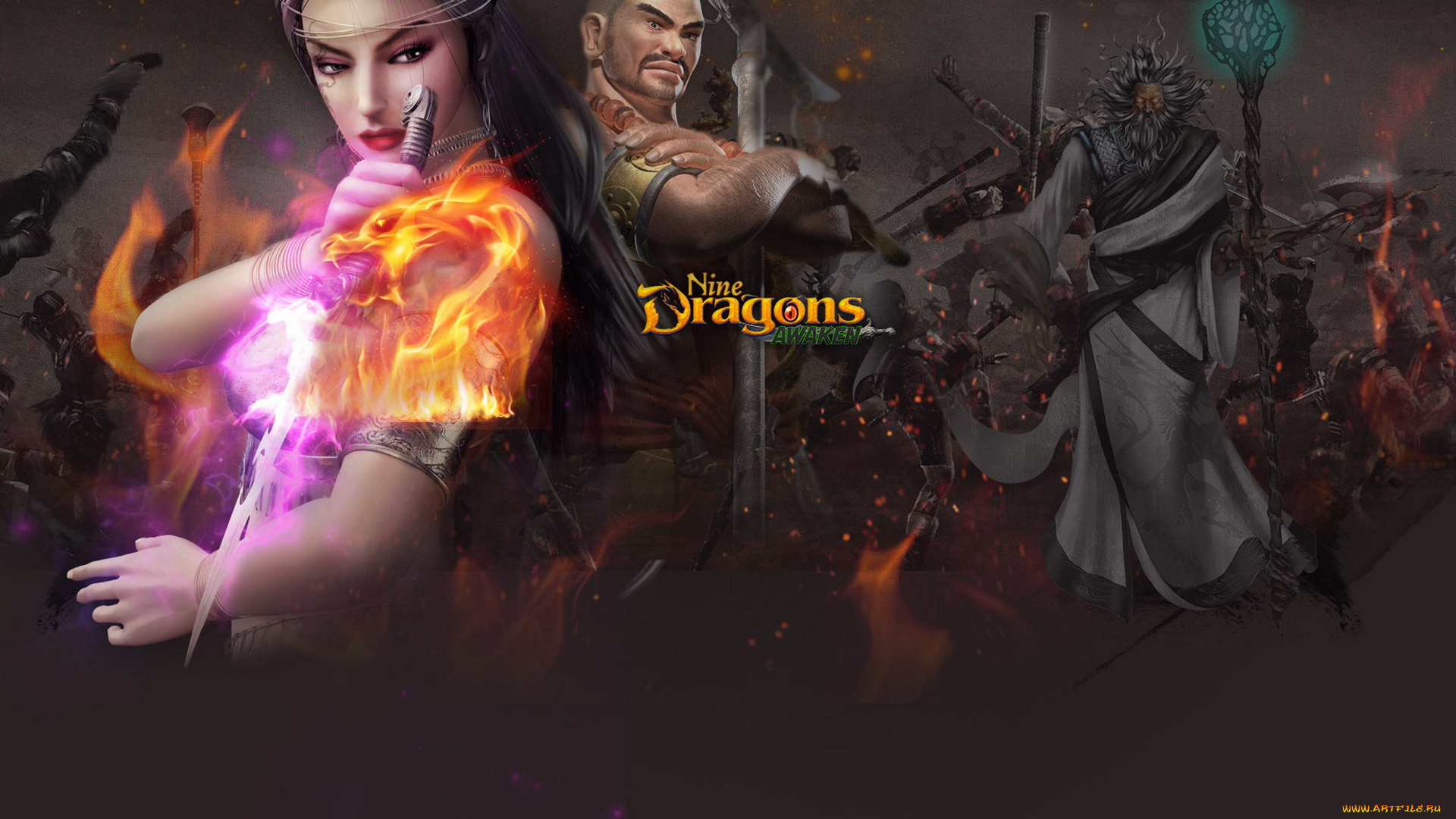 видео, игры, 9, dragons, воин, огонь, магия, девушка, старик