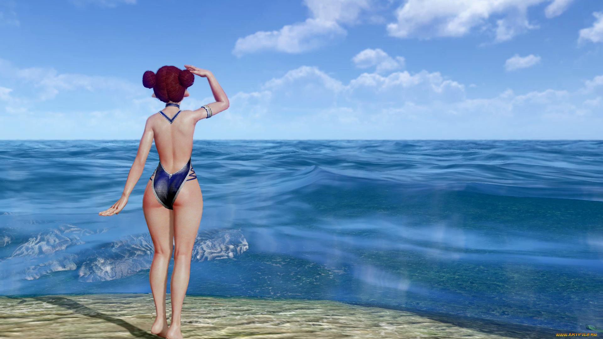 3д, графика, аниме, , anime, девушка, купальник, берег, море
