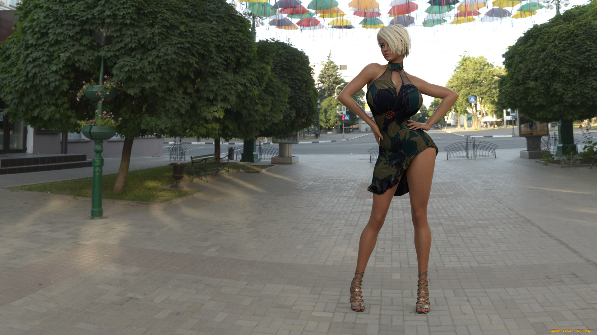 3д, графика, люди, , people, девушка, фон, парк, платье