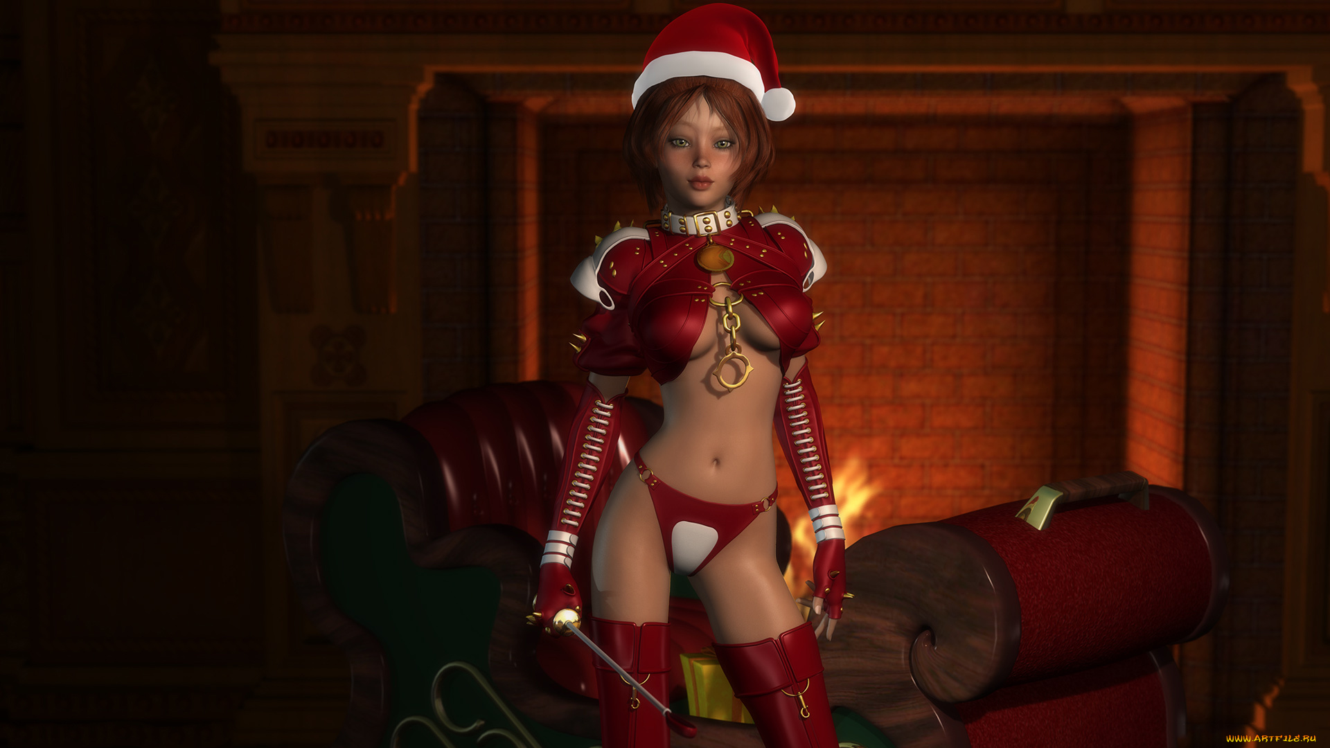 3д, графика, праздники, , holidays, девушка, фон, взгляд, униформа, камин