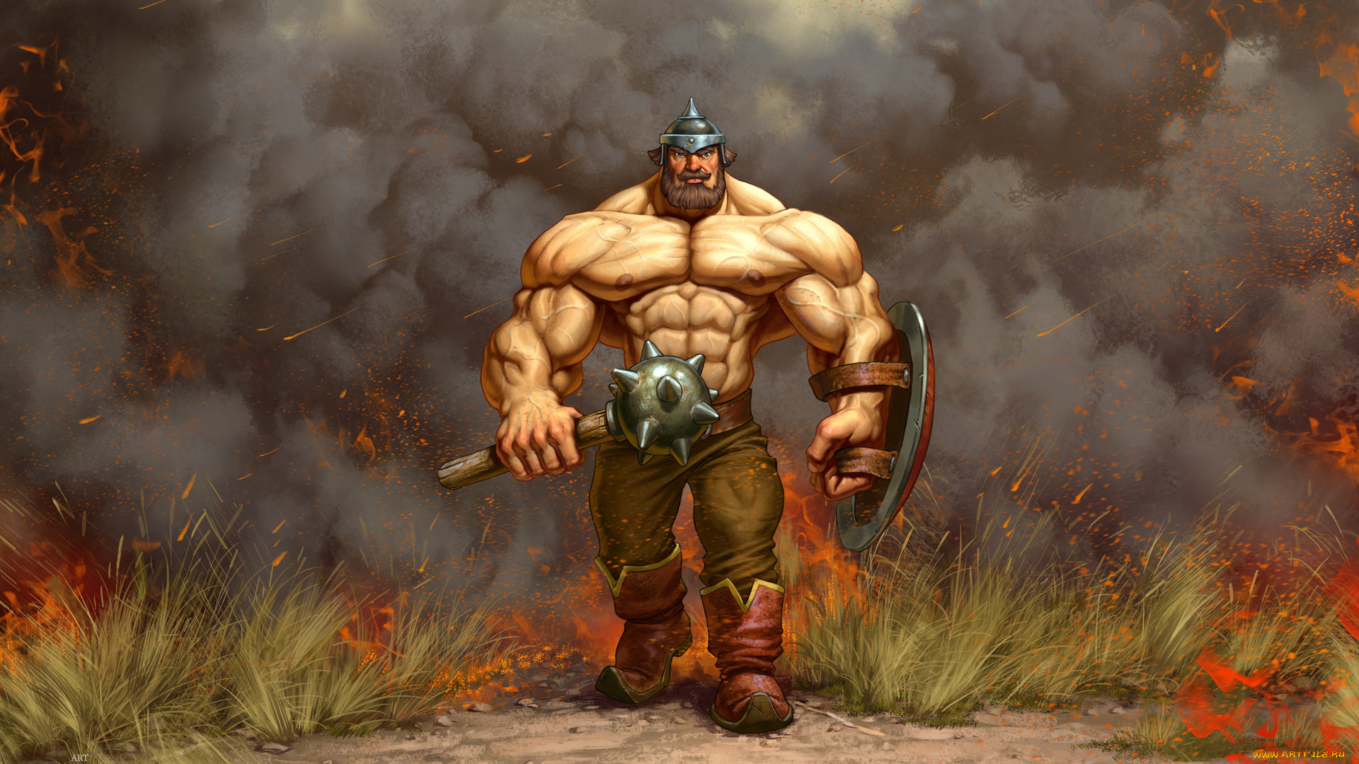 рисованное, кино, , мультфильмы, илья, муромец, богатырь, булава, трава, пожар