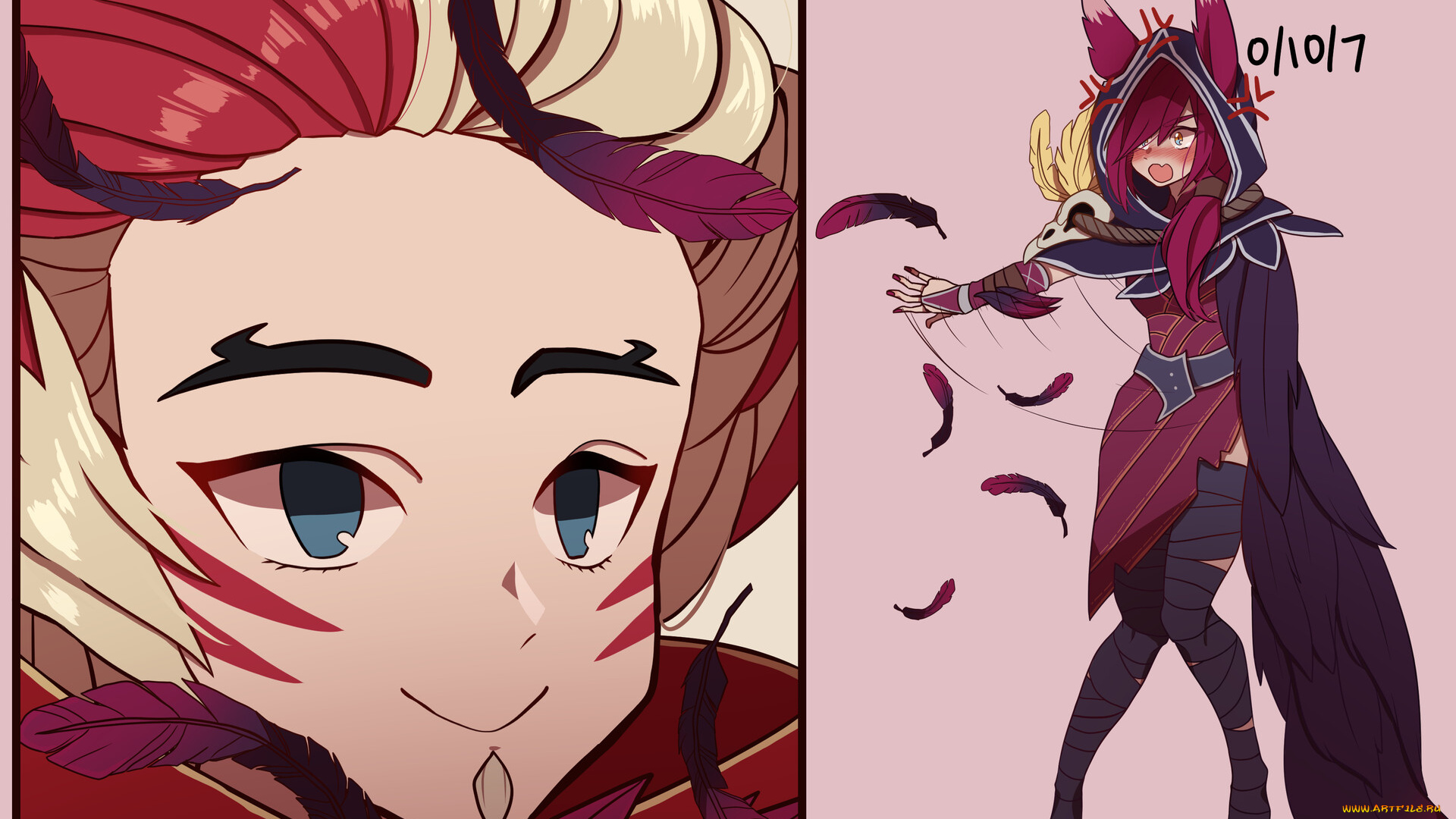 видео, игры, league, of, legends, rakan, xayah, лицо, перья, плащ