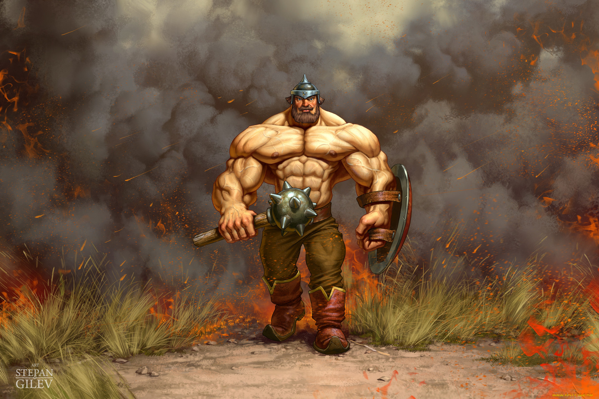 рисованное, кино, , мультфильмы, илья, муромец, богатырь, булава, трава, пожар