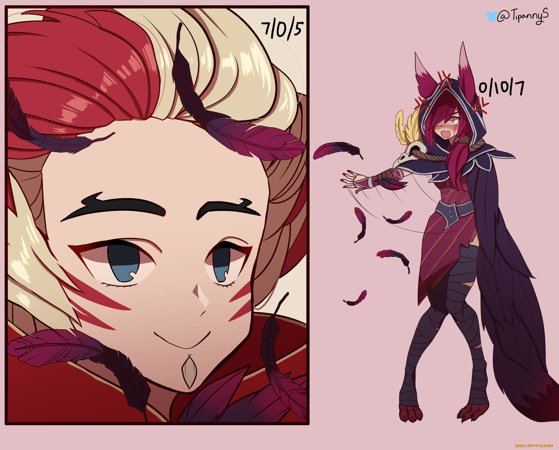 видео, игры, league, of, legends, rakan, xayah, лицо, перья, плащ