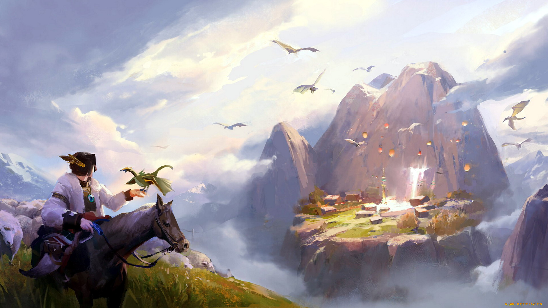 фэнтези, драконы, всадник, овцы, дракончики, горы, село