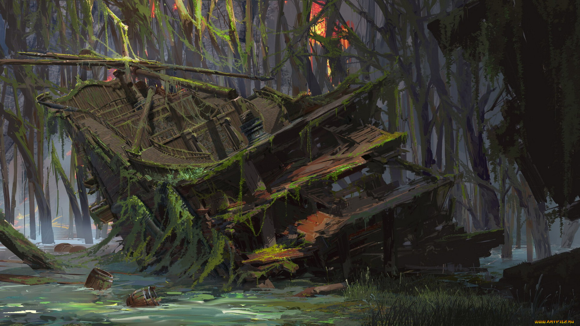 фэнтези, корабли, корабль, развалины, лес