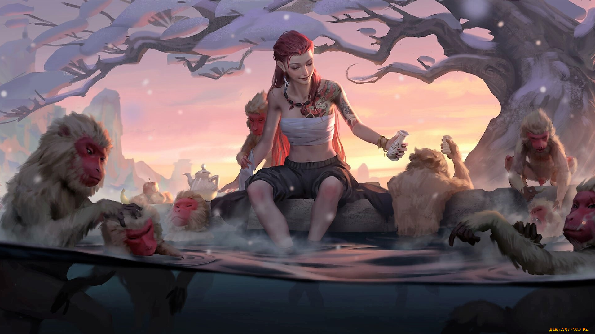 фэнтези, девушки, девушка, обезьяны, источник, бутылки