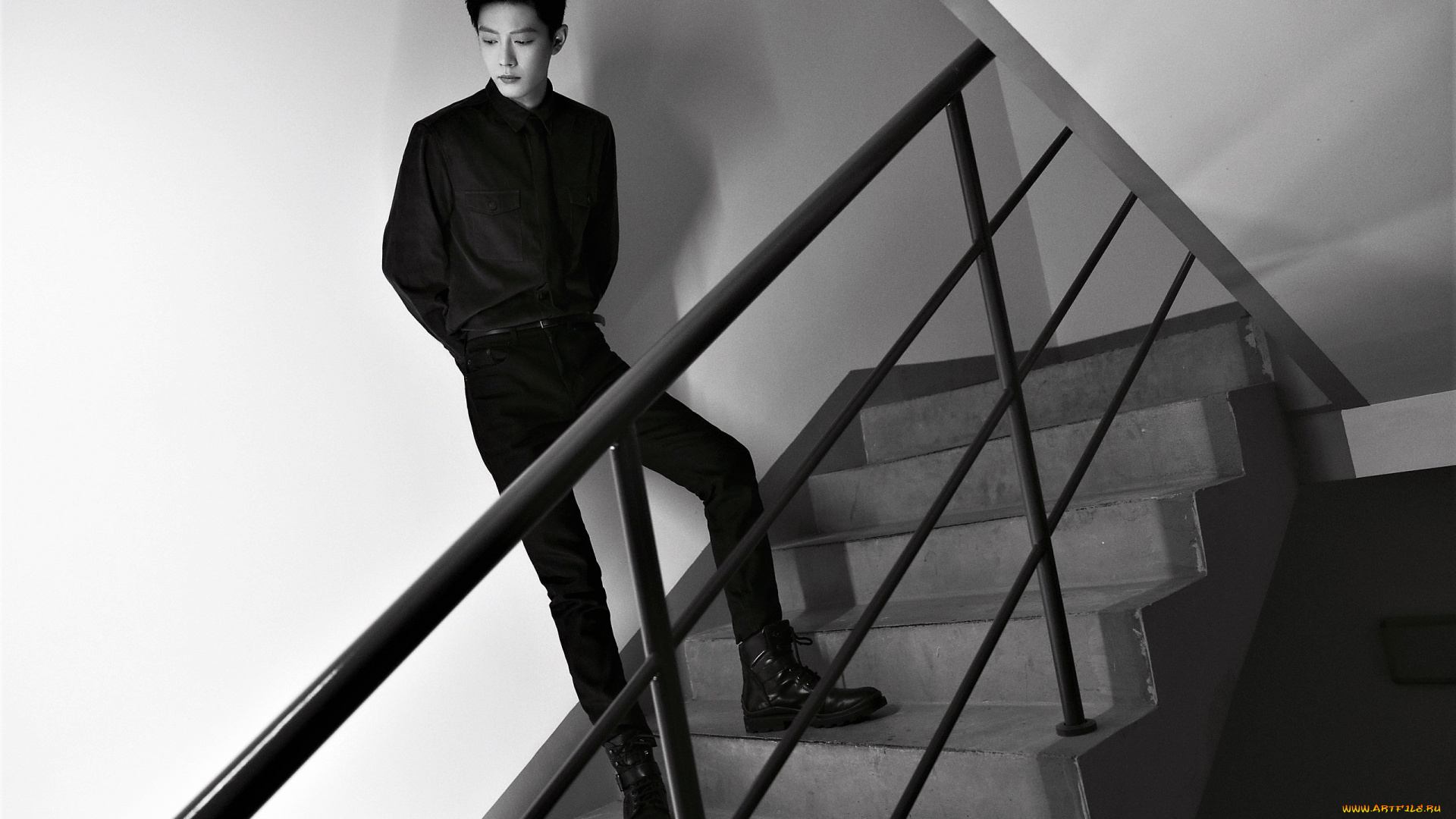 мужчины, xiao, zhan, актер, лестница, подъезд