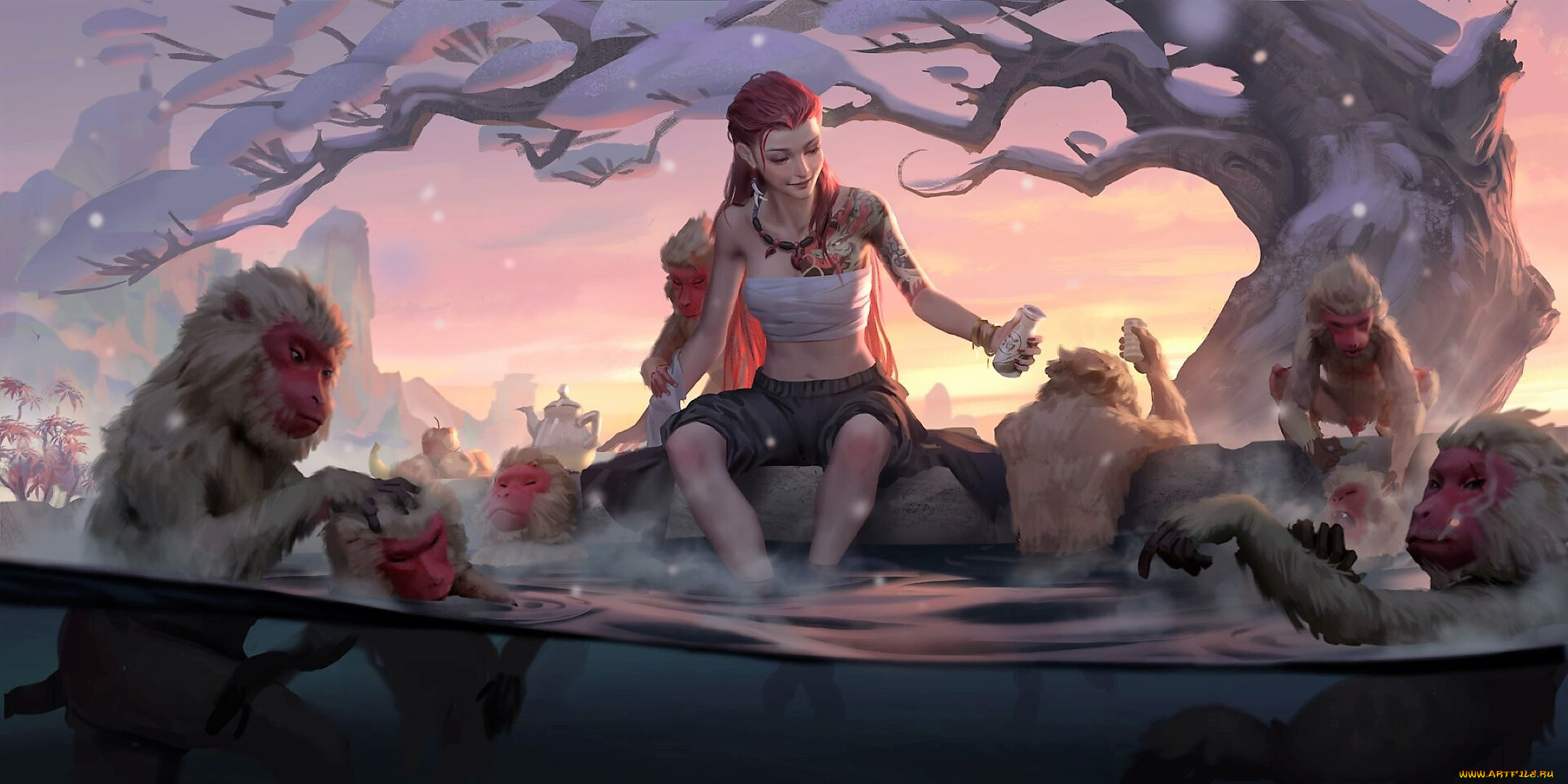 фэнтези, девушки, девушка, обезьяны, источник, бутылки