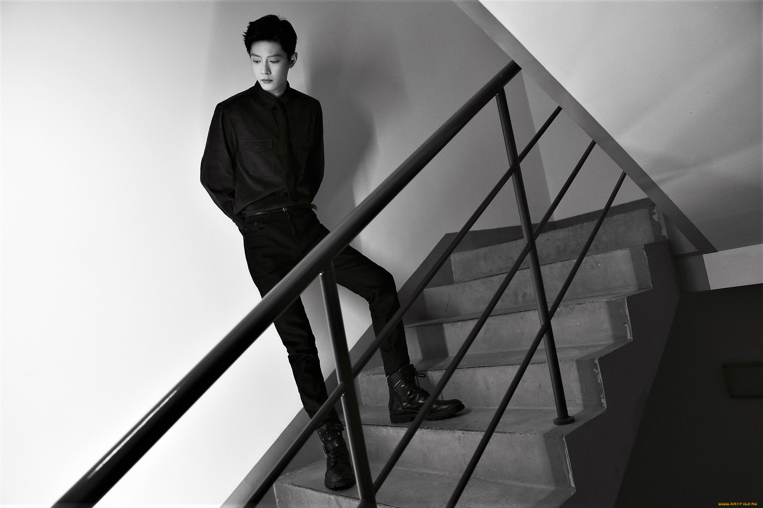 мужчины, xiao, zhan, актер, лестница, подъезд
