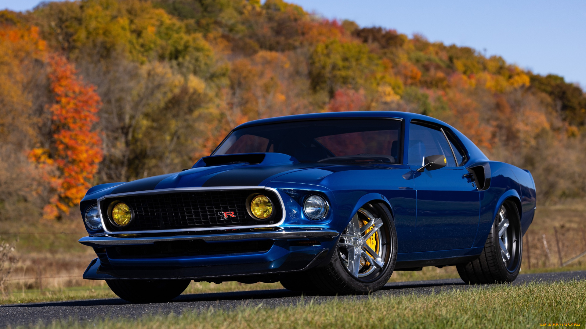 автомобили, mustang, ford, 1969, blue, road, sema, forest, ringbrothers, 2022