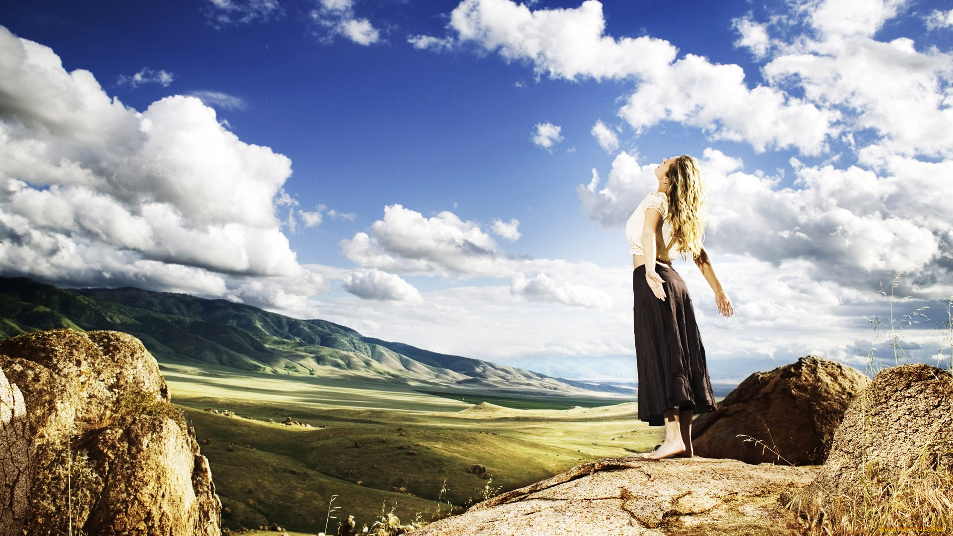 девушки, -, блондинки, , светловолосые, блондинка, горы, небо, облака