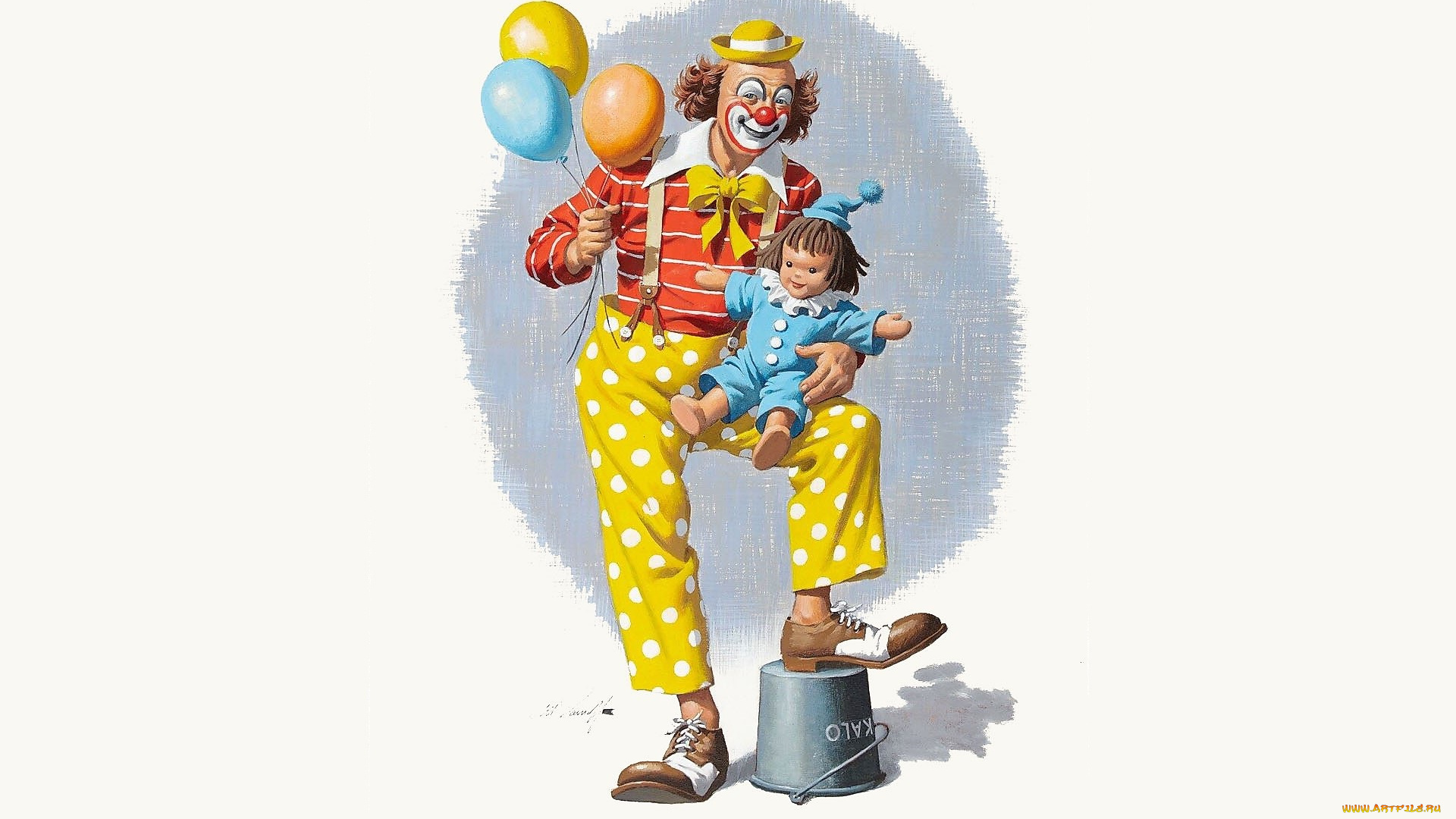 рисованное, люди, клоун, ребенок, шарики, ведро