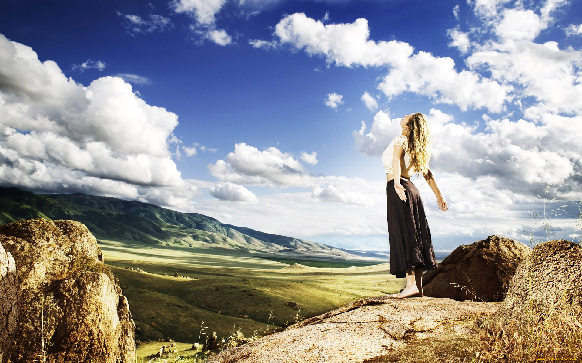 девушки, -, блондинки, , светловолосые, блондинка, горы, небо, облака