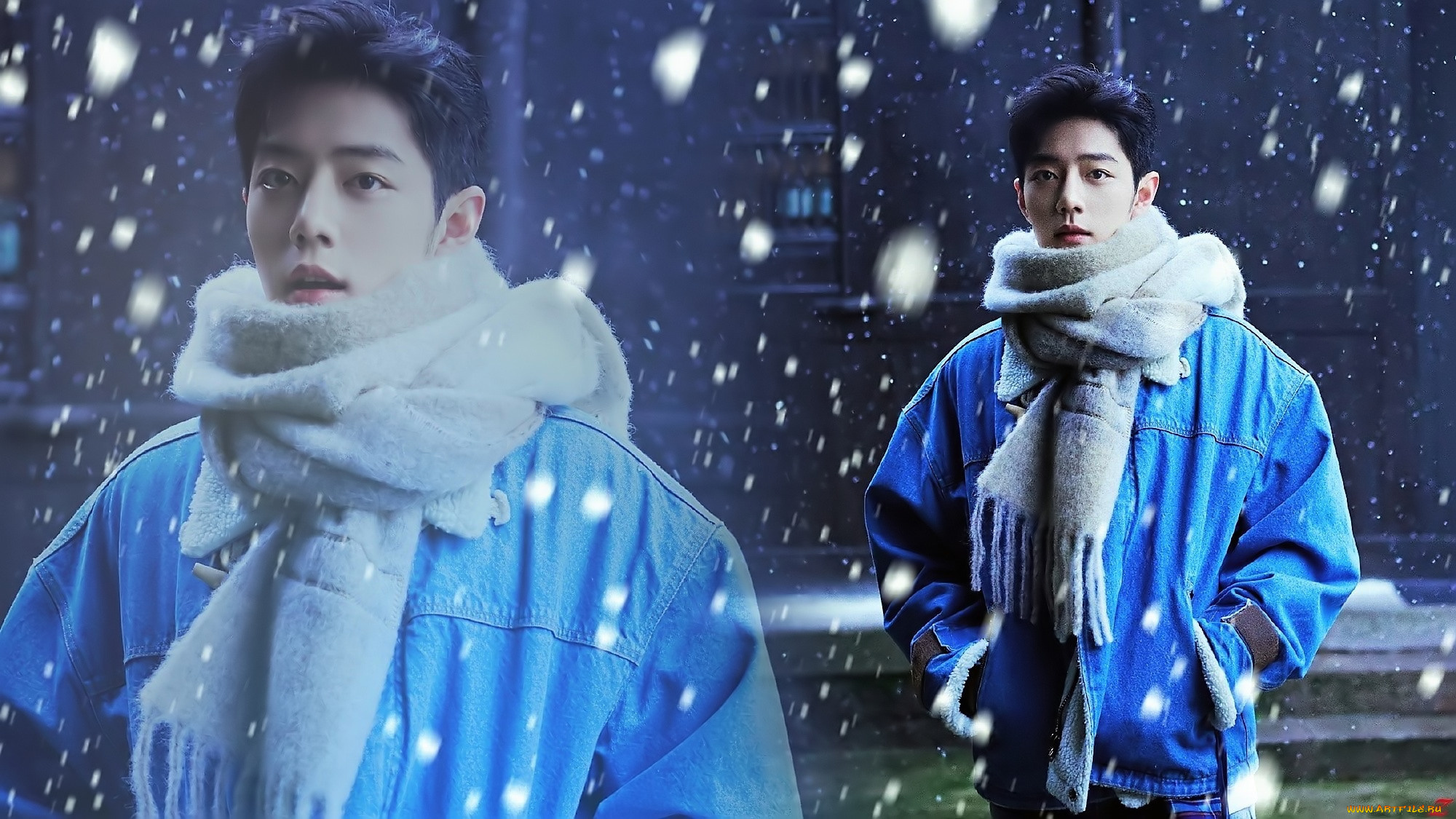 мужчины, xiao, zhan, актер, шарф, куртка, снег