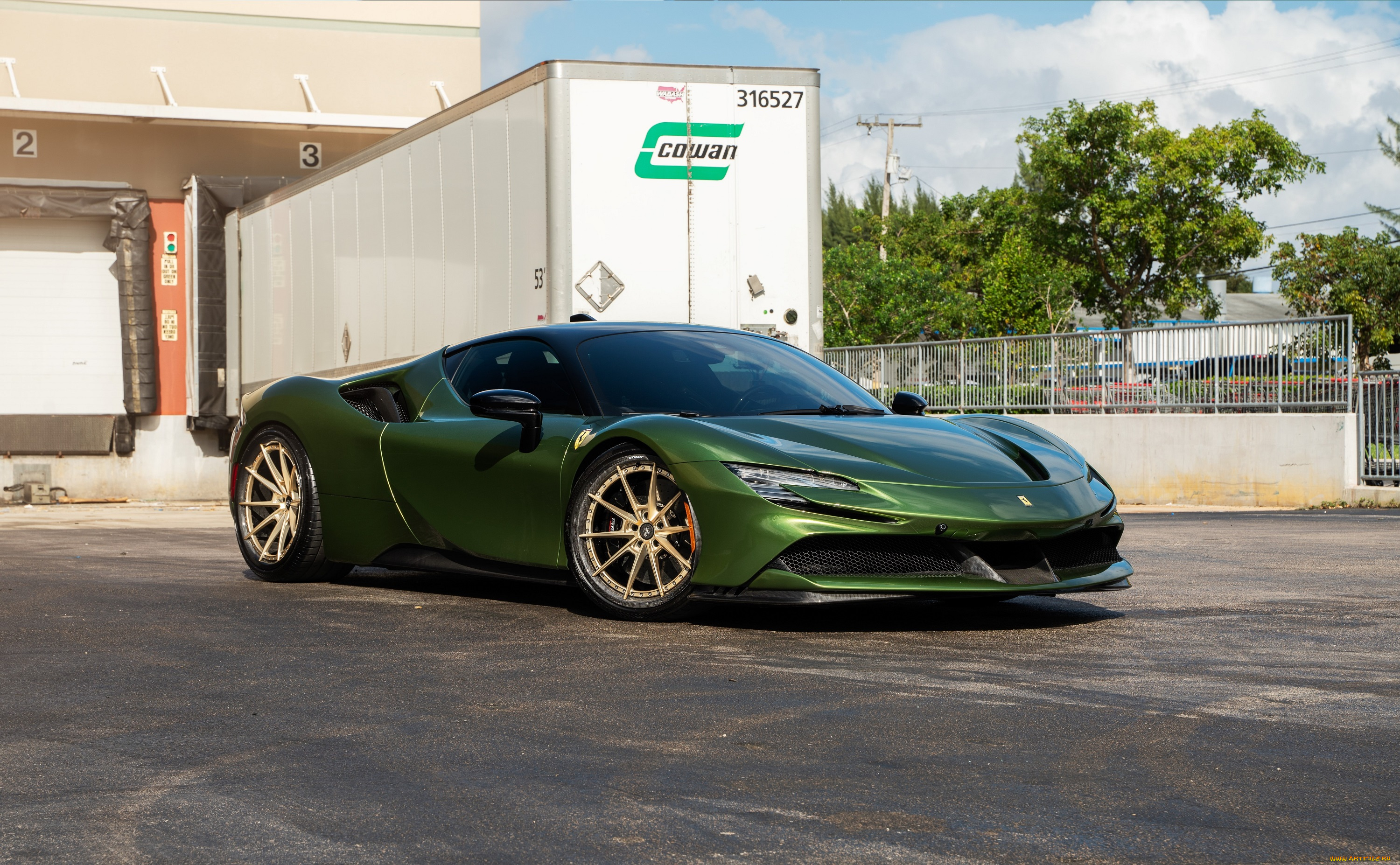 автомобили, ferrari, green, trailer, sportcar, sf90
