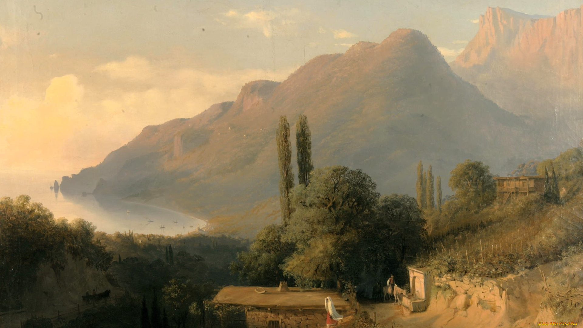 лев, лагорио, рисованное, горы, море, селение