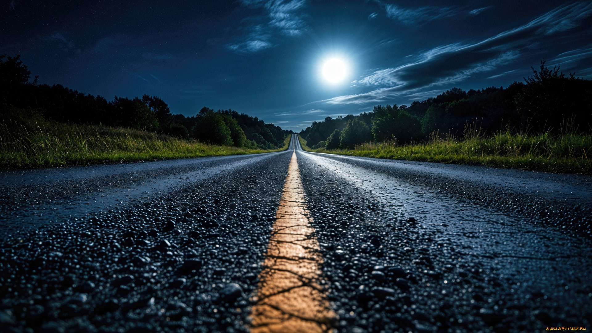 3д, графика, природа, , nature, ночь, луна, дорога, лес, нейросеть