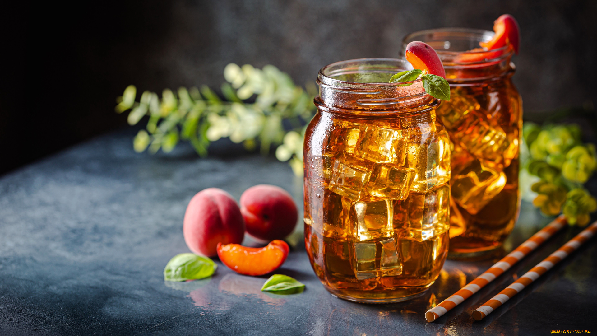 еда, напитки, , сок, банки, напиток, персики, лед, трубочки, листья