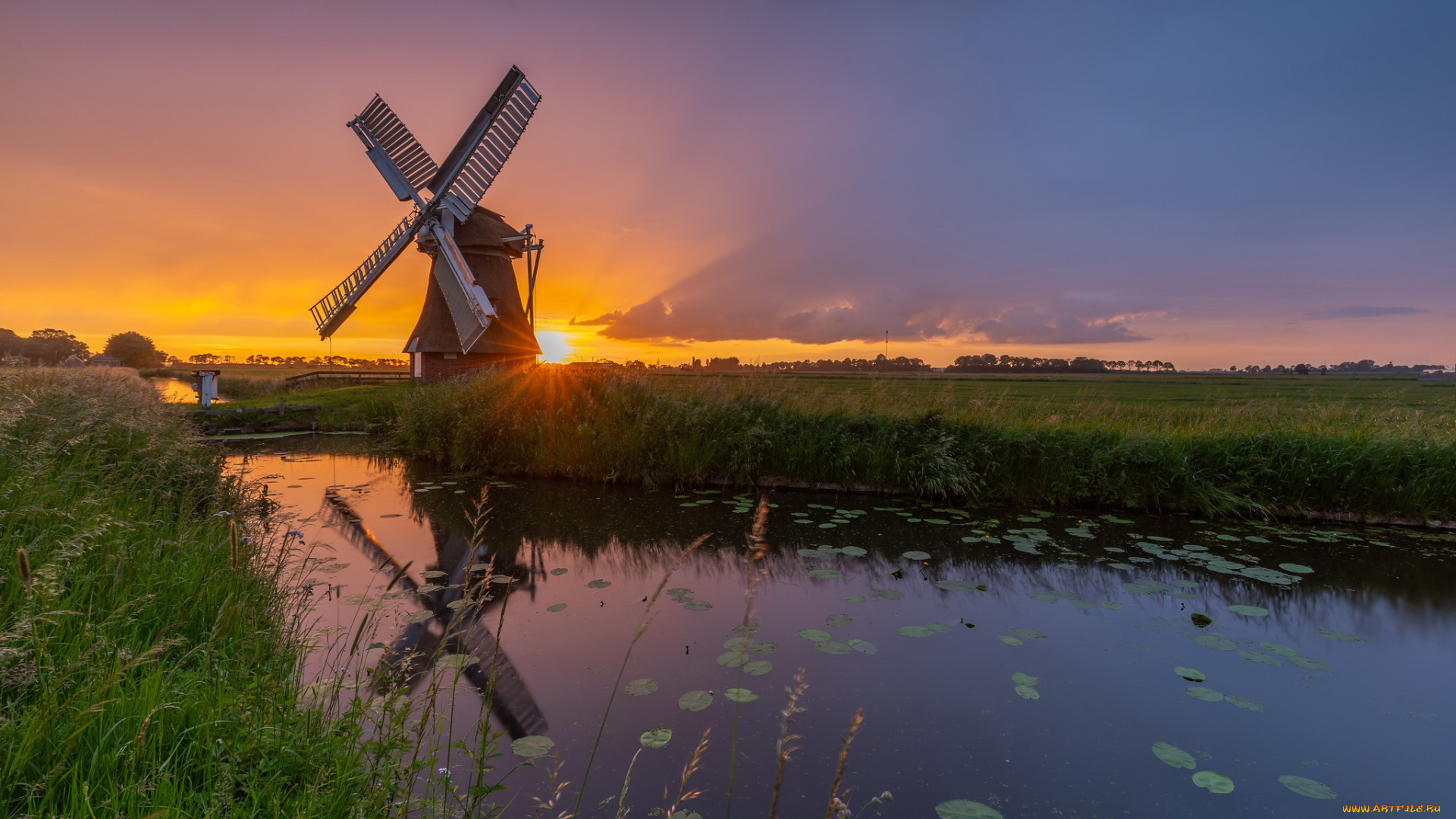 разное, мельницы, река, мельница, закат
