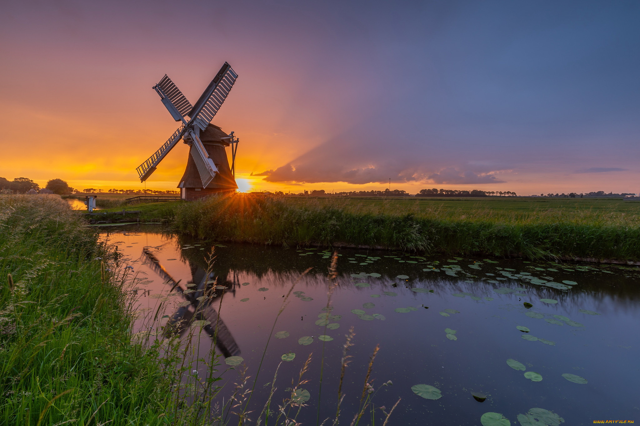 разное, мельницы, река, мельница, закат