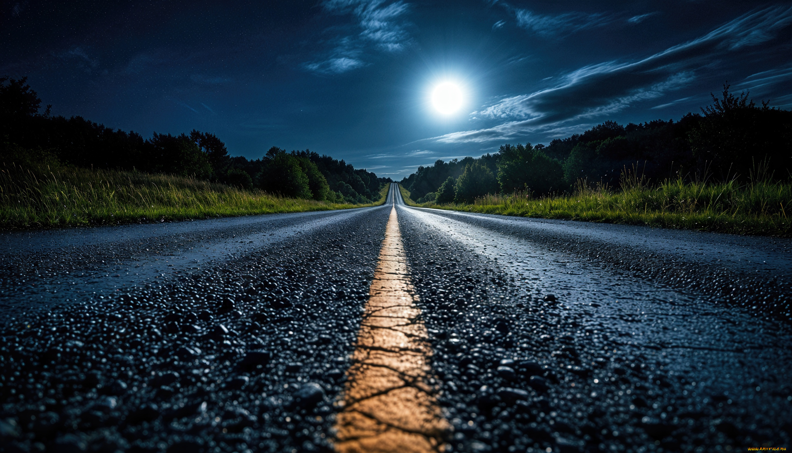 3д, графика, природа, , nature, ночь, луна, дорога, лес, нейросеть