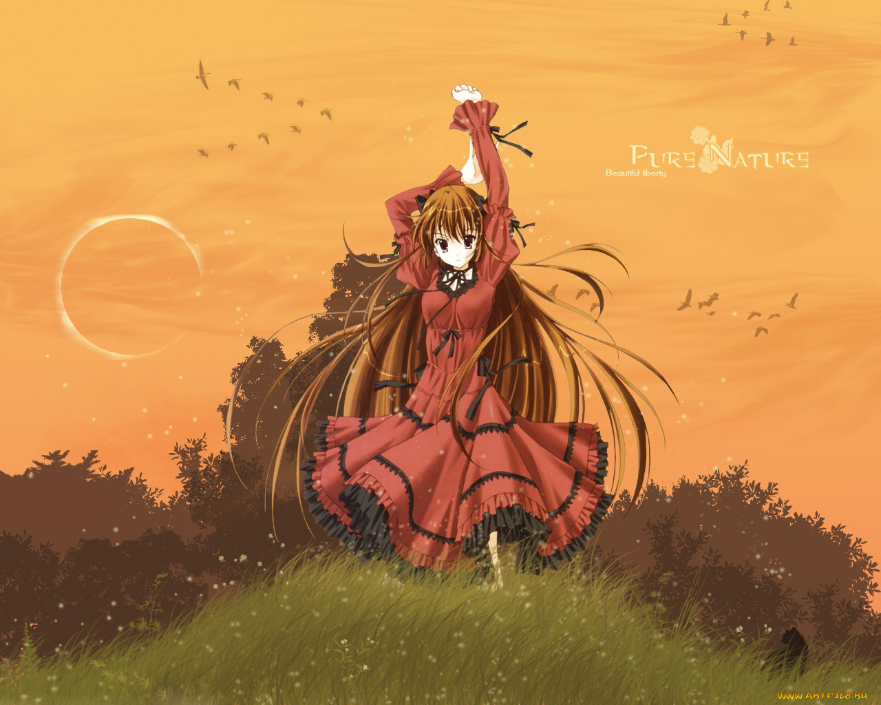 аниме, aquarian, age, девушка, платье, кот, луна, птицы, небо, лес, поляна, деревья