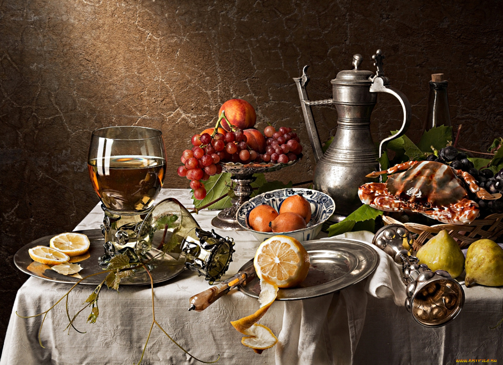 еда, натюрморт, инжир, виноград, гранат, персик, лимон, бокал, омар, роскошь, пир, краб
