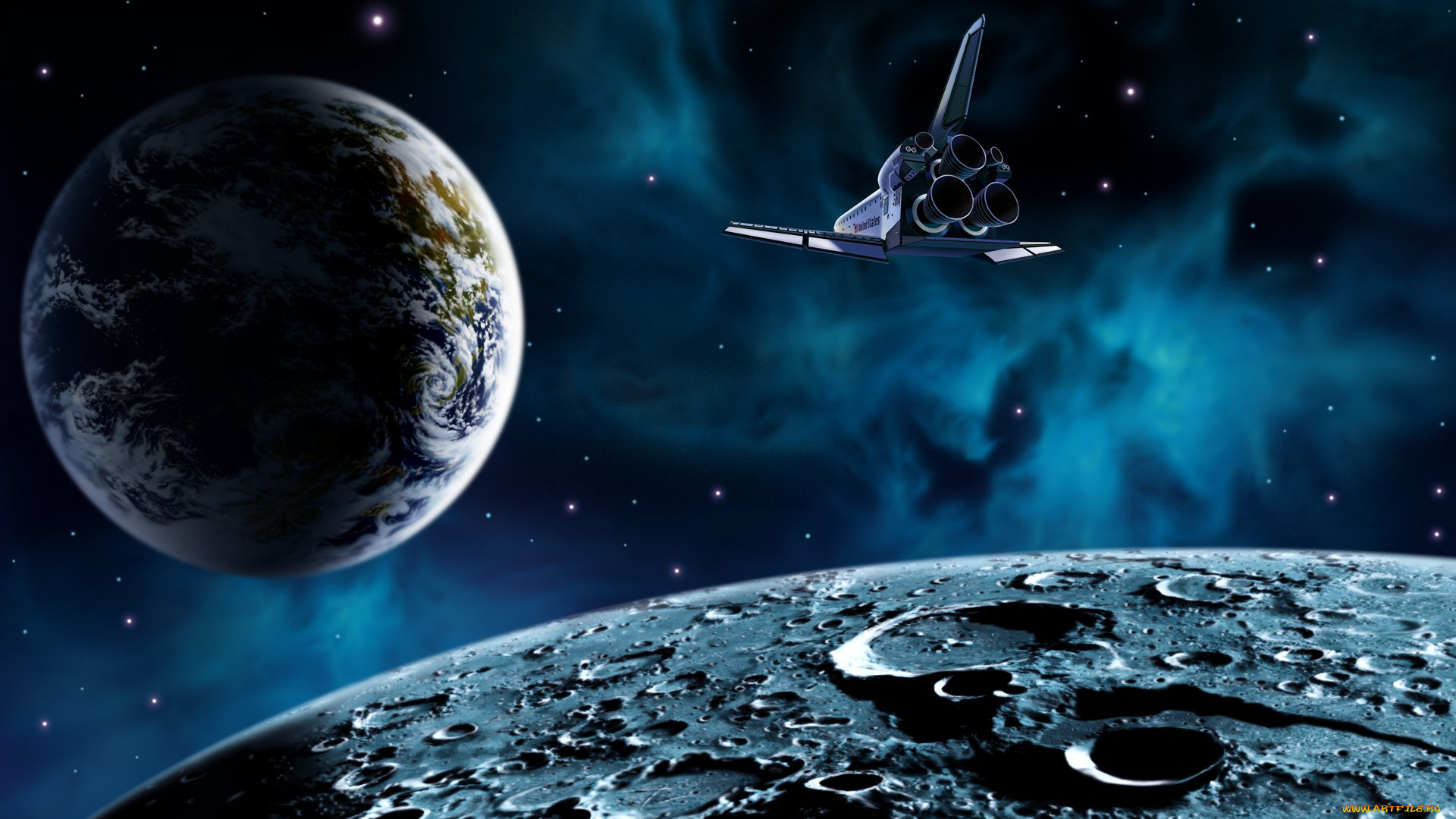 космос, арт, луна, челнок, земля