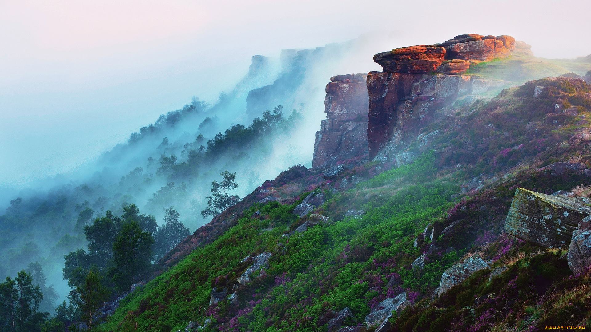 природа, горы, скалы, леса, трава, туман