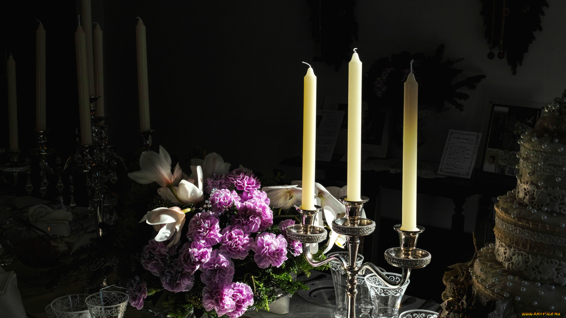 разное, свечи, подсвечник, стол, букет