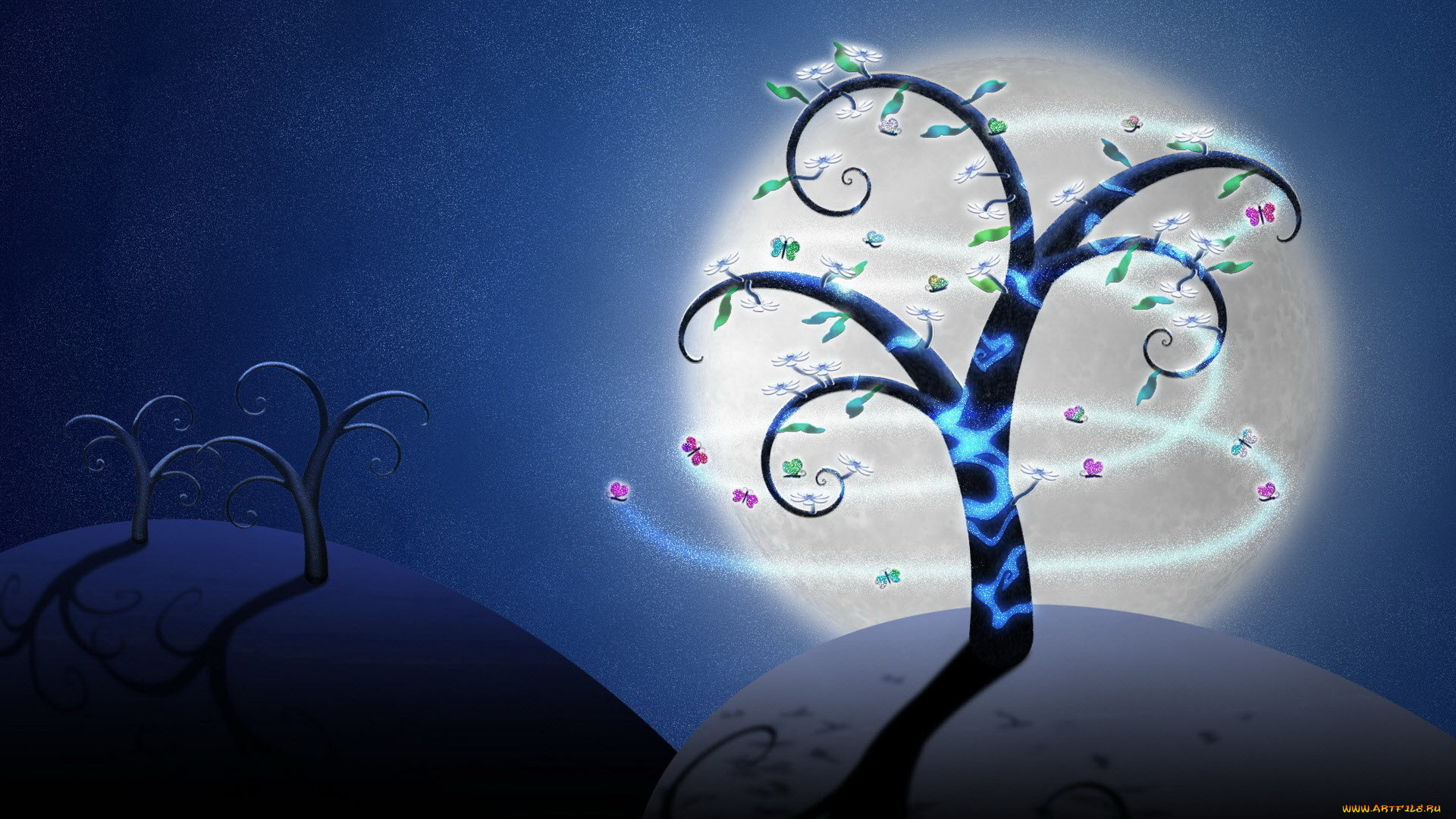 векторная, графика, бабочки, дерево, ночное, небо, луна