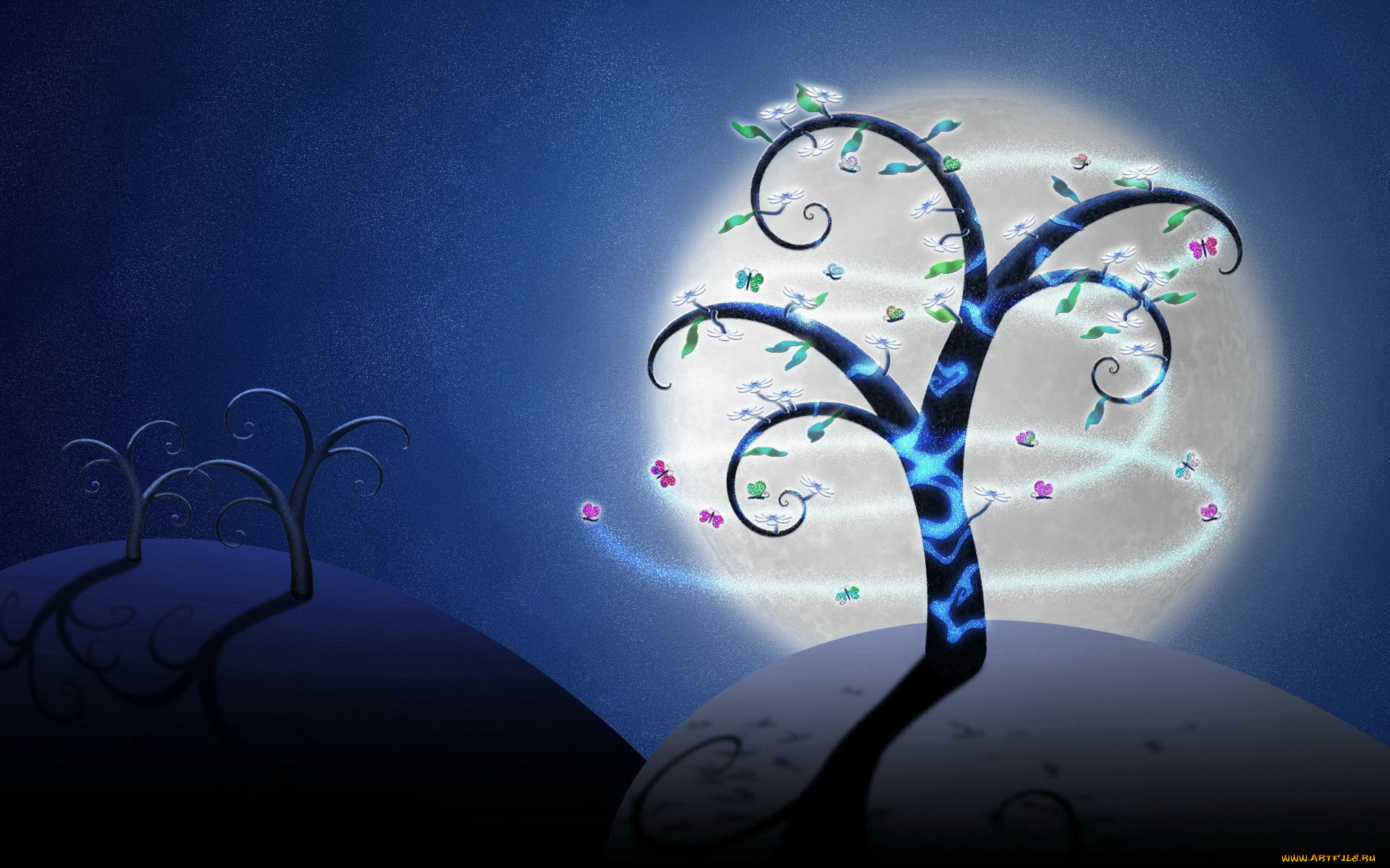 векторная, графика, бабочки, дерево, ночное, небо, луна