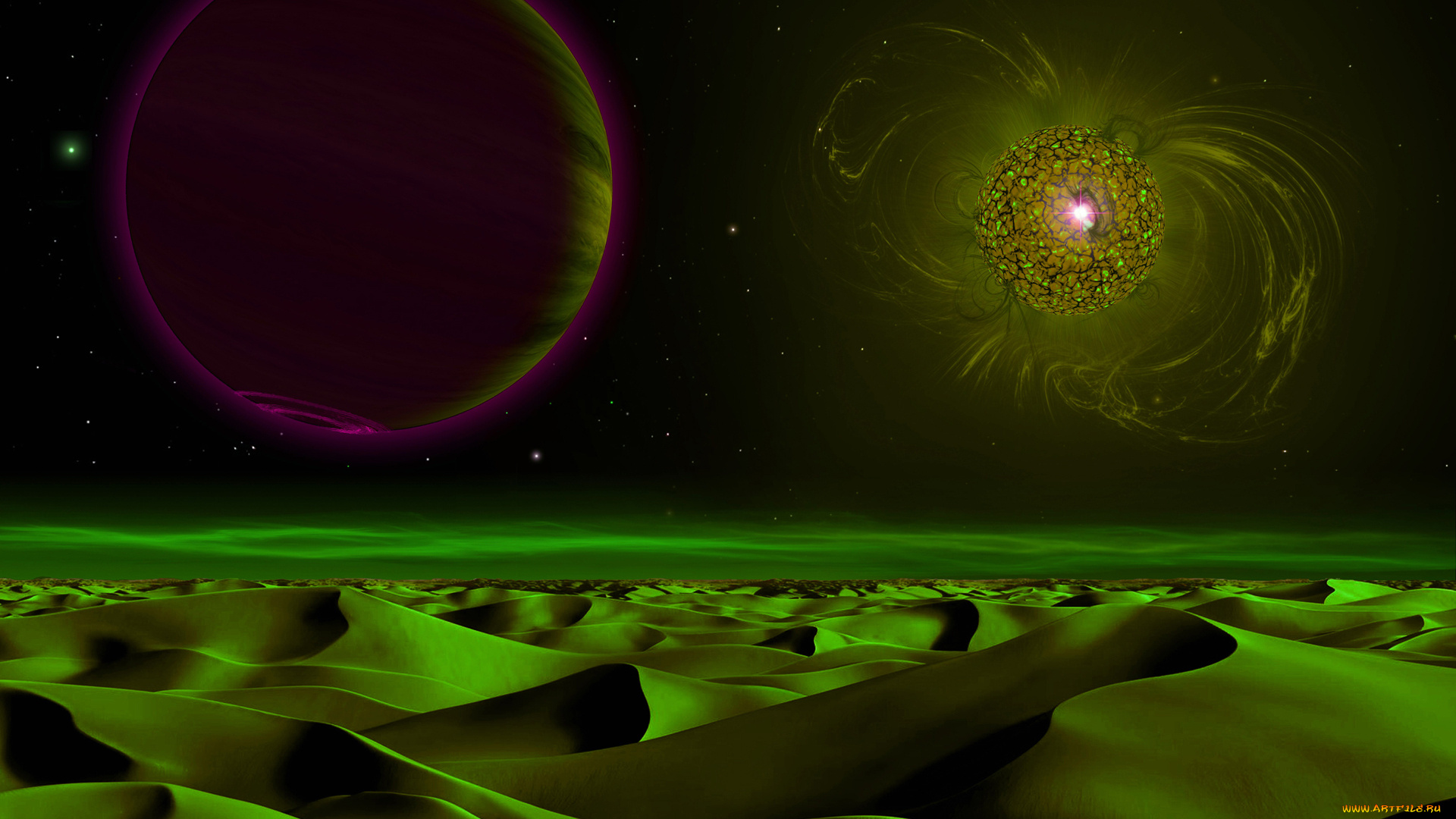 3д, графика, atmosphere, , mood, , атмосфера, настроения, свет, спутник, планета, звезда, барханы, холмы, небо