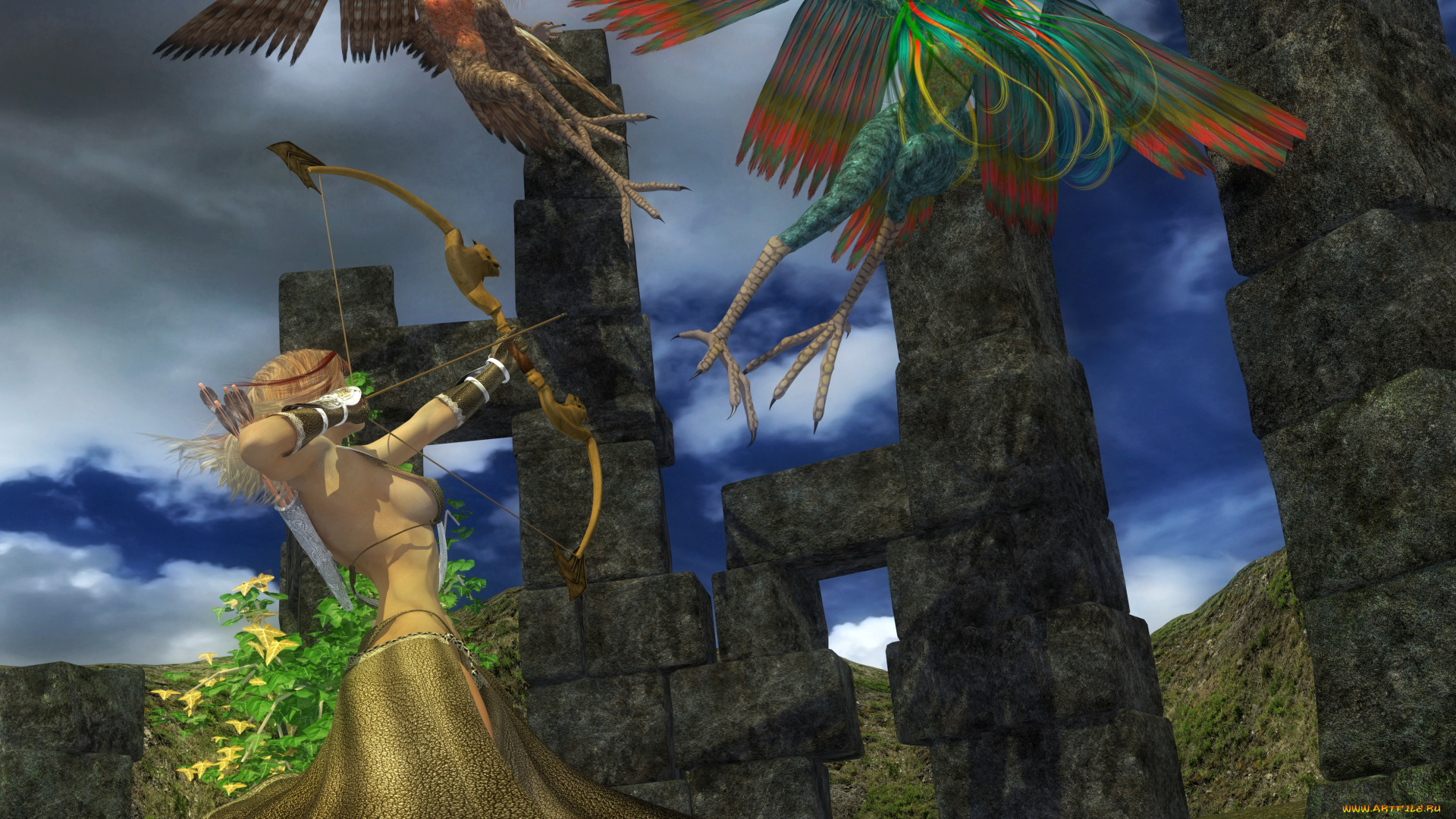 3д, графика, fantasy, , фантазия, демоницы, лук, девушка