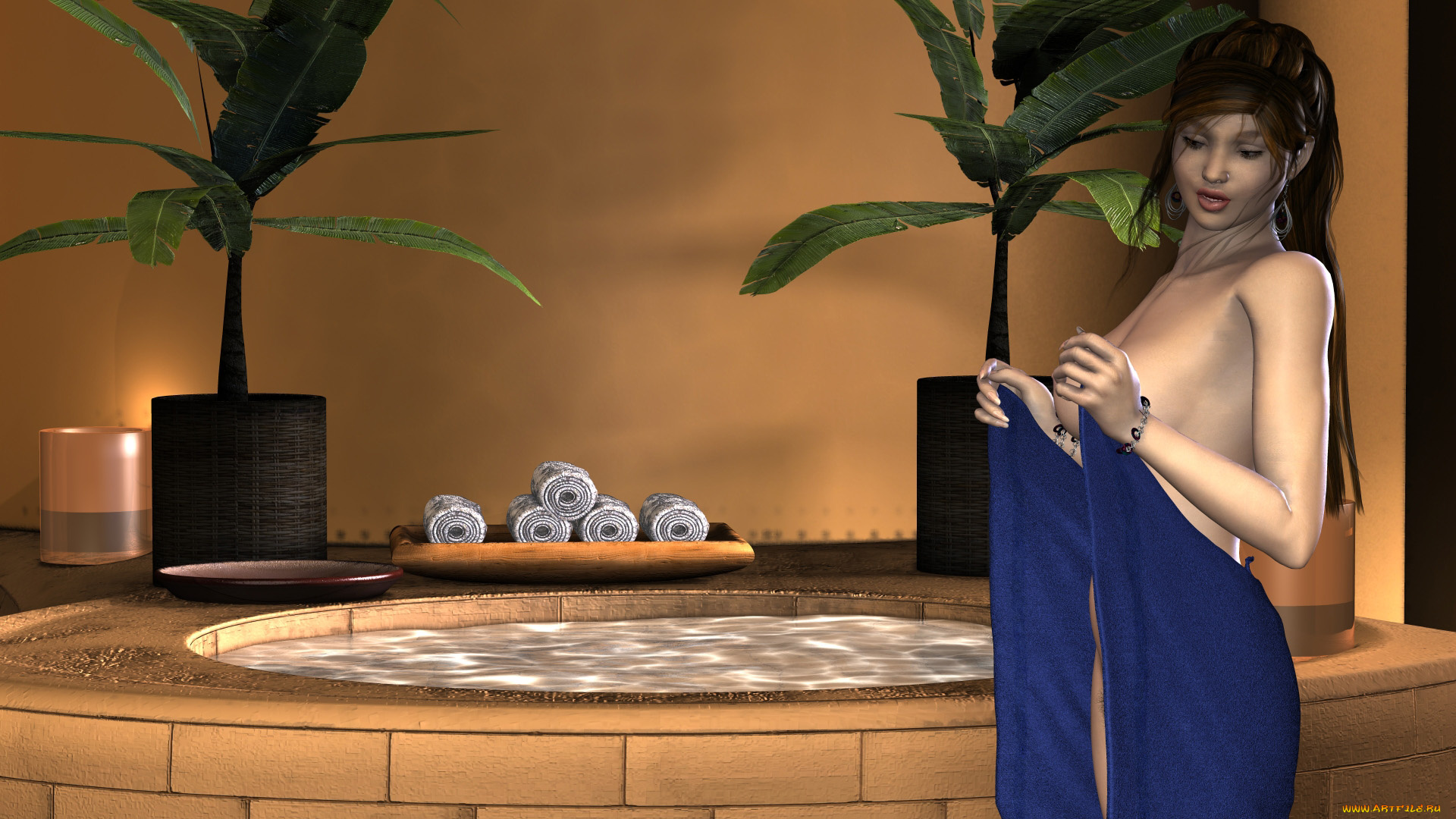 3д, графика, people, , люди, девушка, взгляд, бассейн, полотенце