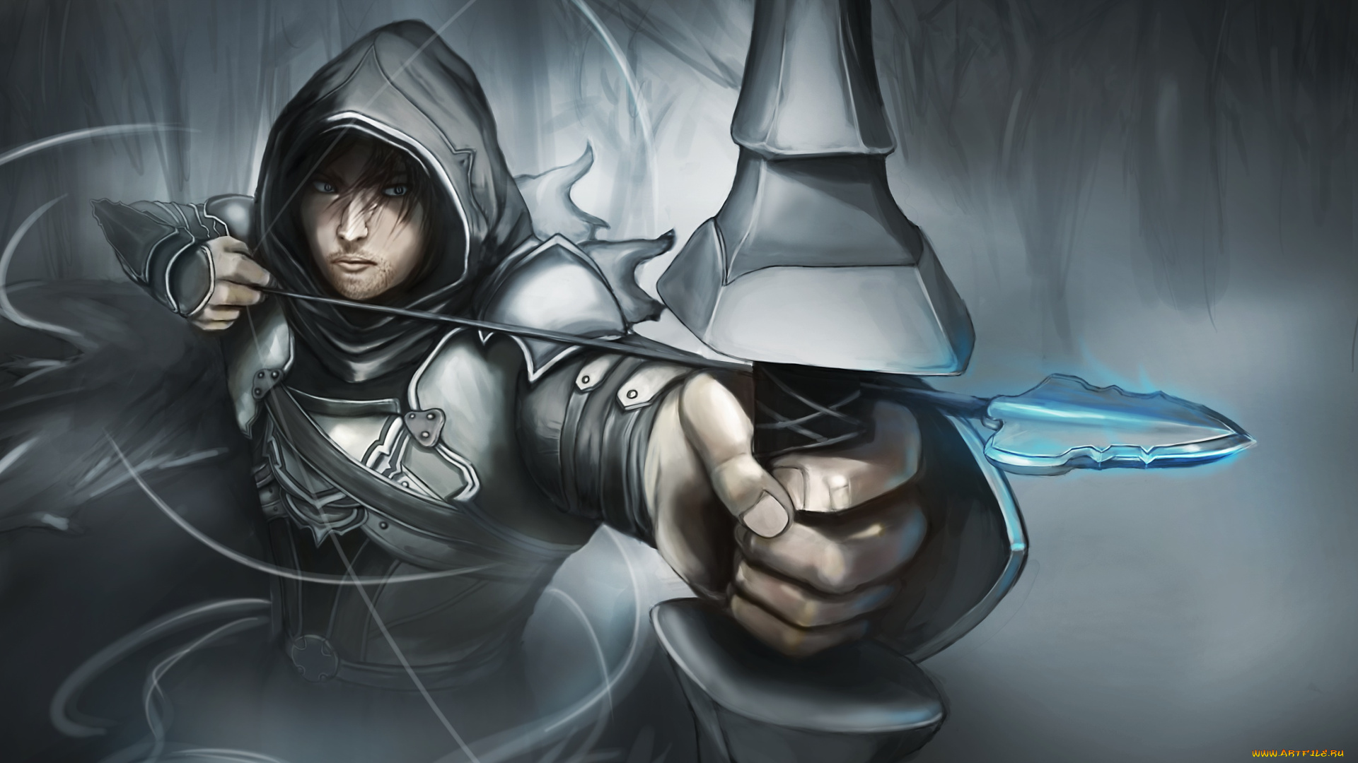 фэнтези, девушки, diablo, 3, стрела, лук, капюшон, парень, demon, hunter