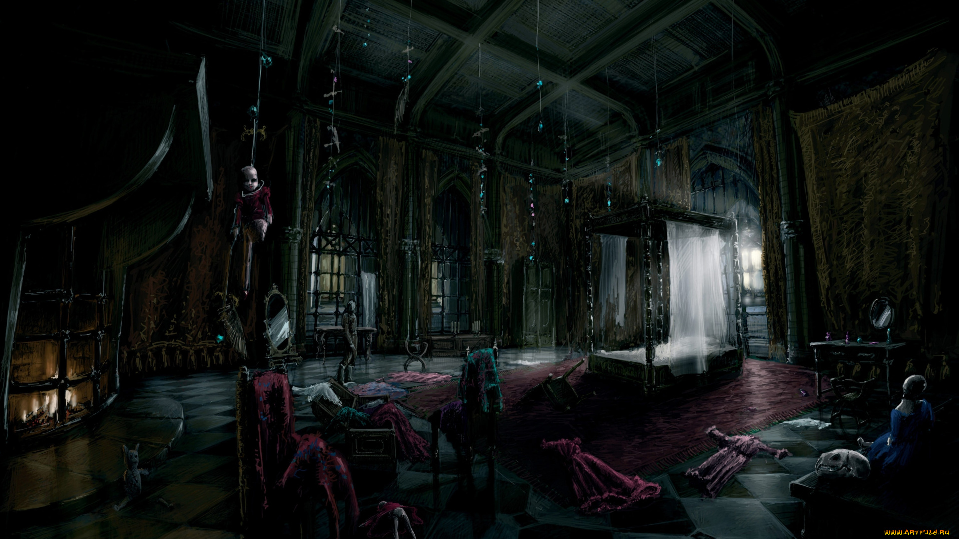 фэнтези, замки, готика, вещи, беспорядок, ложе, зал
