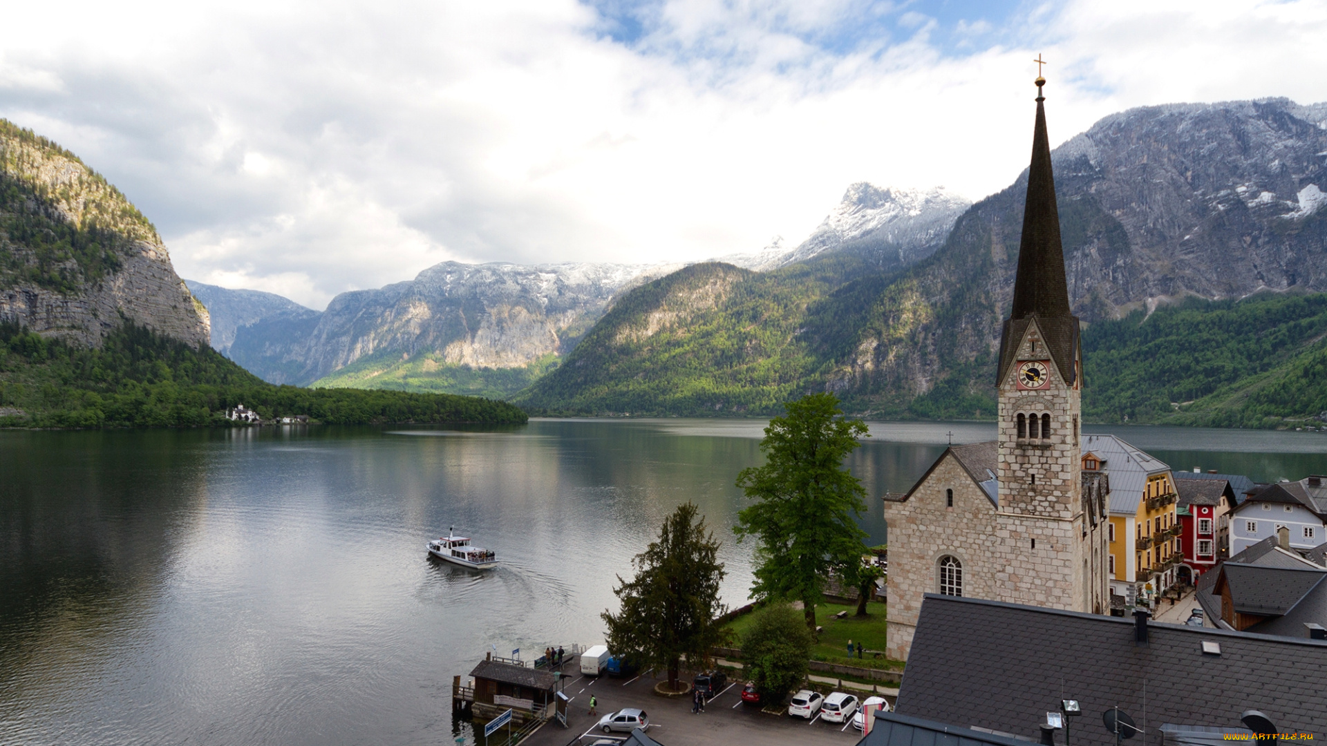 города, гальштат, , австрия, шпиль, вода, лес