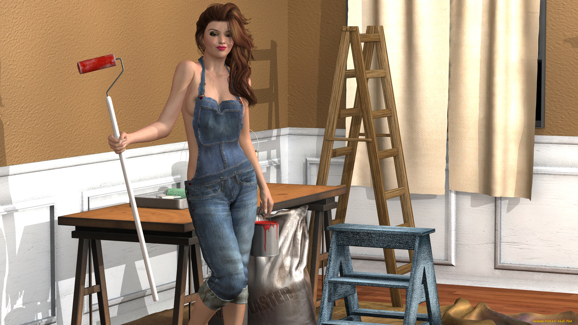 repair, 3д, графика, people, , люди, ремонт, комната, девушка