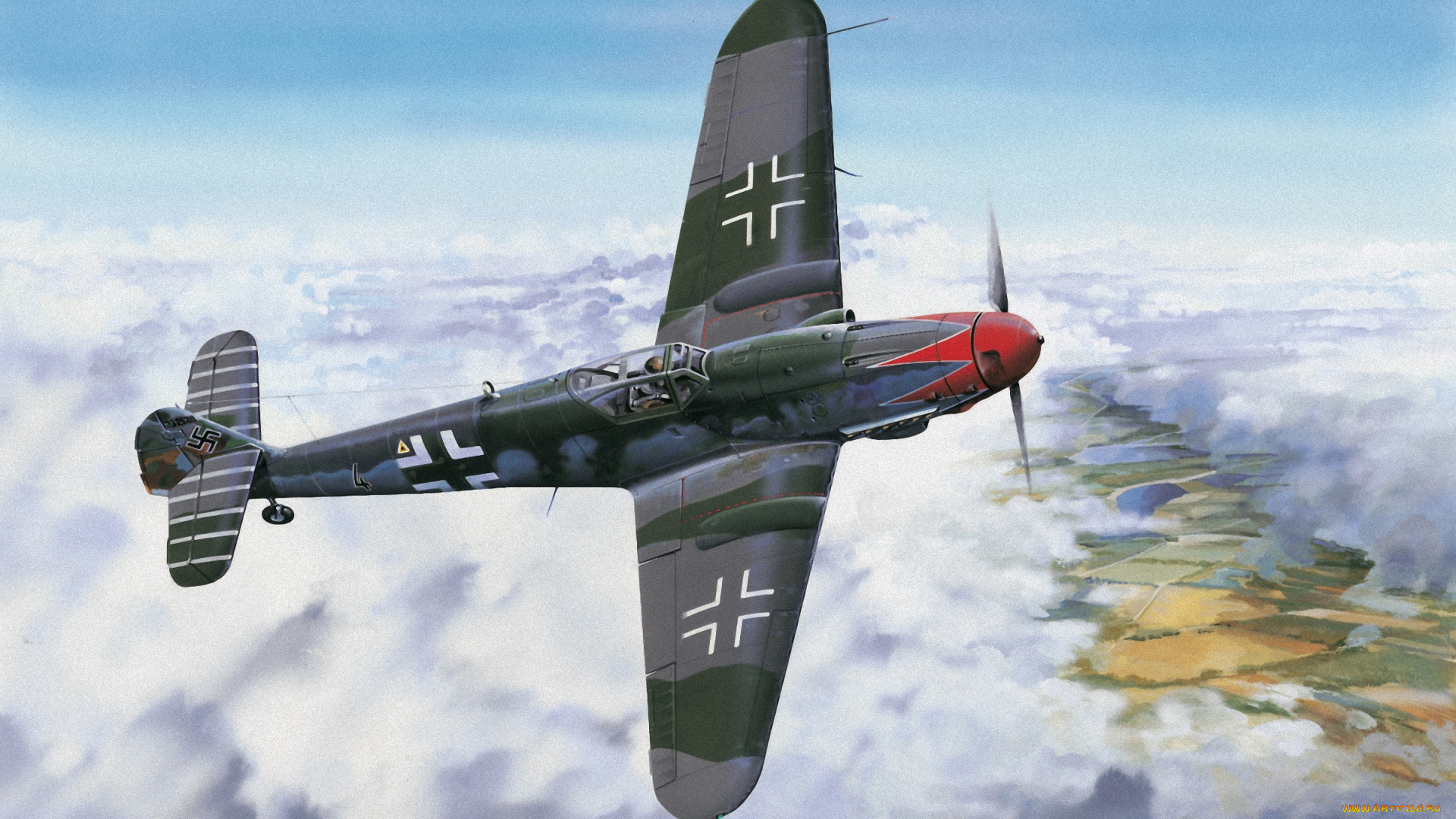 рисованные, авиация, war, ww2, painting, drawing, bf, 109, art, german, fighter