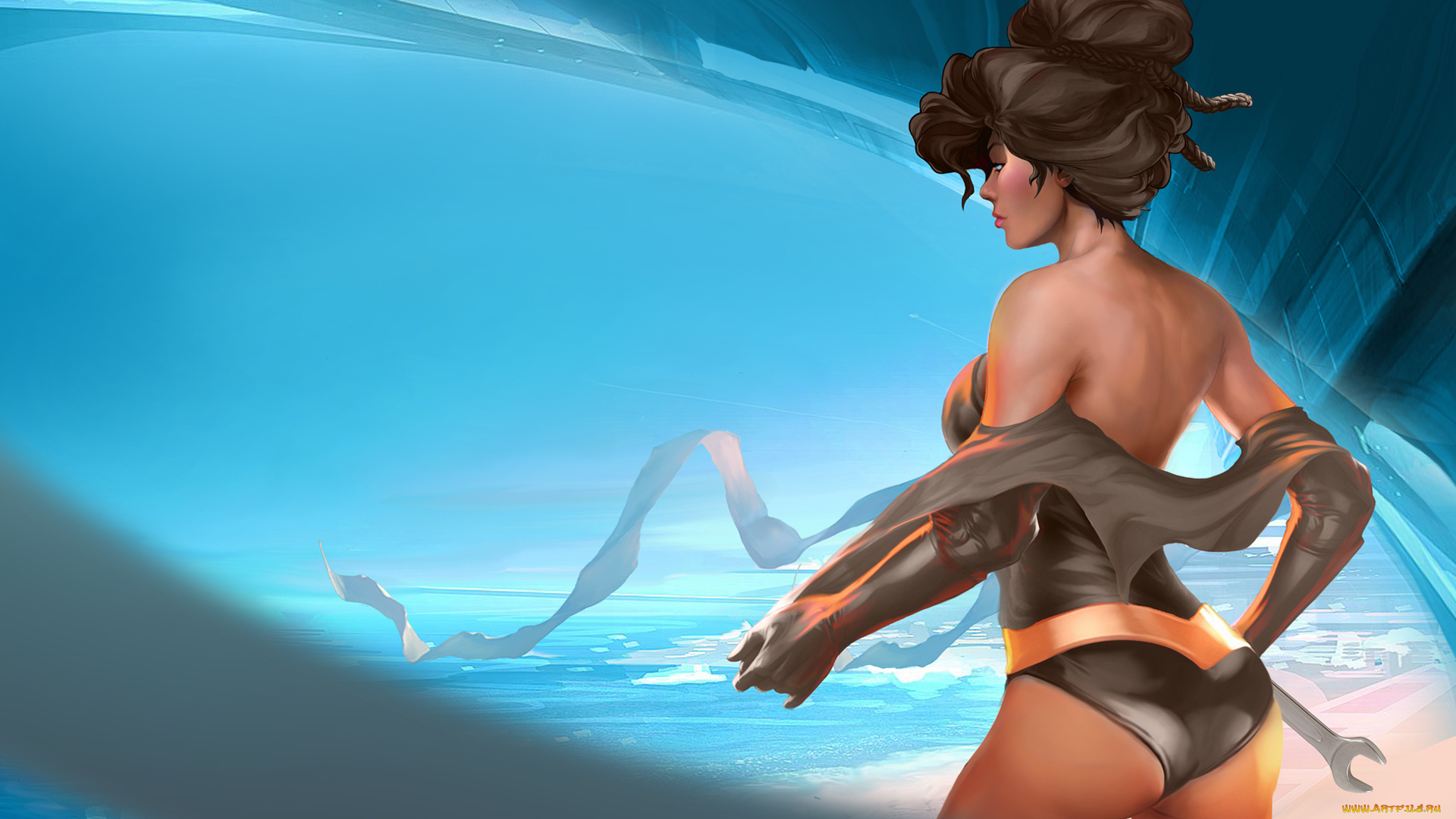 рисованные, люди, волосы, небо, спина, девушка, песок, море, перчатки, гаечный, ключ, профиль