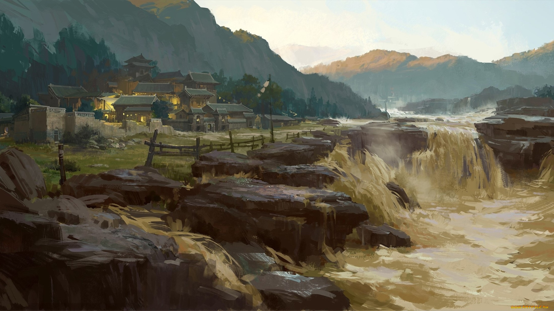 рисованные, живопись, дома, пейзаж, водопад, река, горы