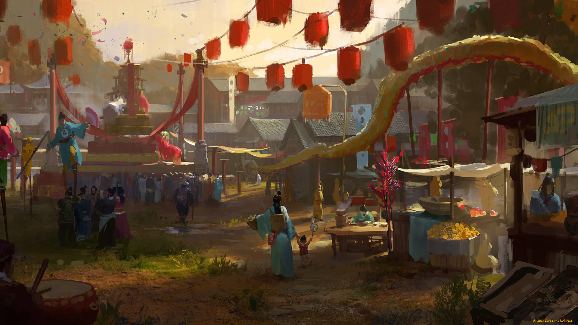 рисованные, живопись, город, праздник, люди