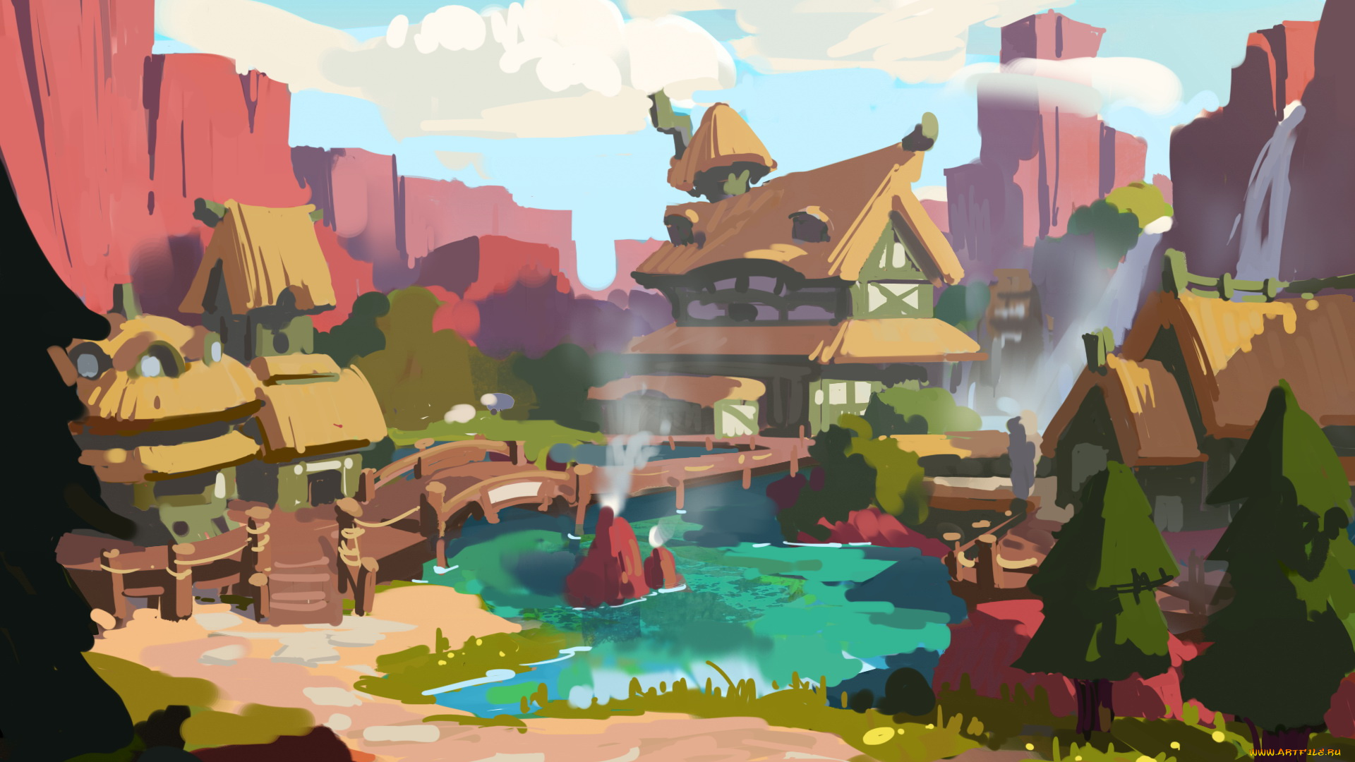 рисованные, живопись, облака, дом, мост, река, горы